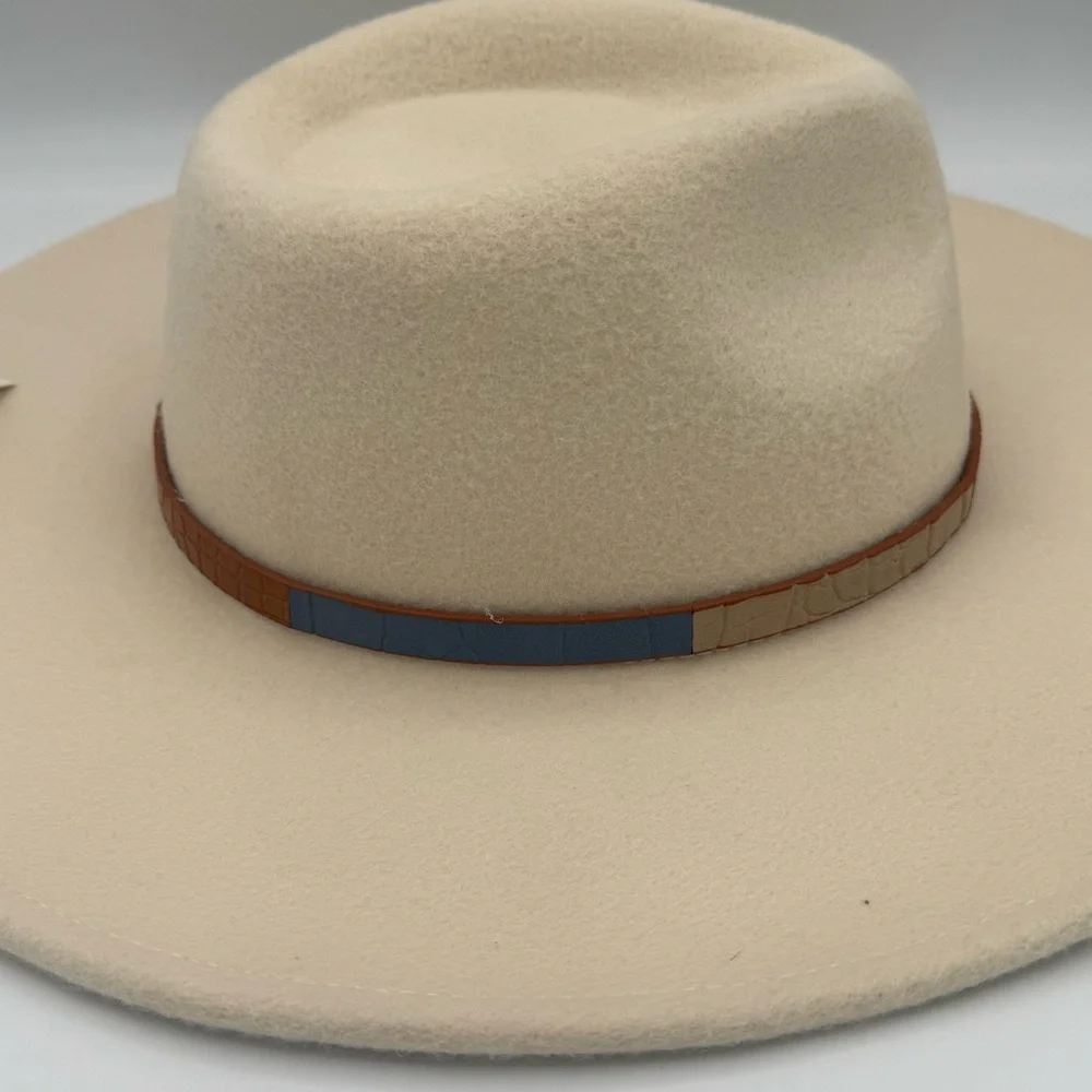 NWT Madden NYC Cream Wide Brim Felt Western Cowboy Cowgirl Hat with Hat Band - Picture 6 of 10